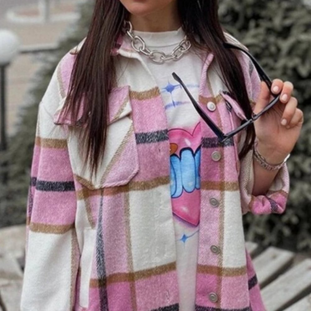Casual Plaid Flap Pocket detailed button down pink Overshirt - Picture 4 of 16